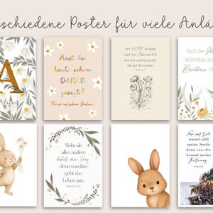 May include: Collection of art prints with various designs. Includes floral patterns, inspirational quotes, and illustrations of a bunny. The prints feature a variety of colors, including beige, white, and gold. The text on the prints is in German.