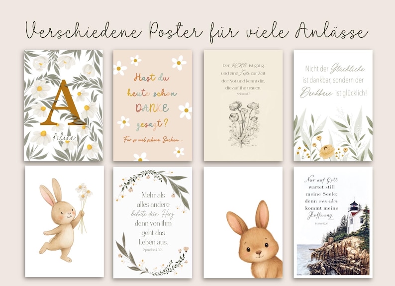 May include: Collection of art prints with various designs. Includes floral patterns, inspirational quotes, and illustrations of a bunny. The prints feature a variety of colors, including beige, white, and gold. The text on the prints is in German.