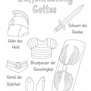 Puede incluir: Ilustración en blanco y negro de la armadura de Dios, que incluye un casco, una coraza, un cinturón, botas, un escudo y una espada. El texto alemán "Die Waffenrüstung Gottes" está en la parte superior, con etiquetas en alemán.