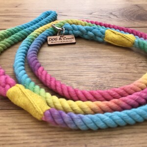 May include: A rainbow colored cotton rope dog leash with a yellow stitched end and a wooden tag that reads "Dog & Coast, Planet Friendly Dog Boutique".