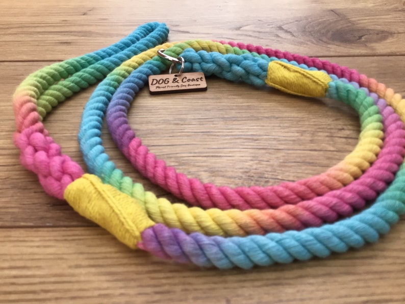 May include: A rainbow colored cotton rope dog leash with a yellow stitched end and a wooden tag that reads "Dog & Coast, Planet Friendly Dog Boutique".