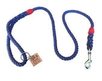 Guinzaglio per cani in corda di cotone blu reale, realizzato a mano: ecologico e prodotto nel Regno Unito.