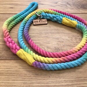 May include: Rainbow colored cotton rope dog leash with a yellow stitched handle and a wooden tag that says "DOG & Coast - Plant Friendly Dog Boutique".