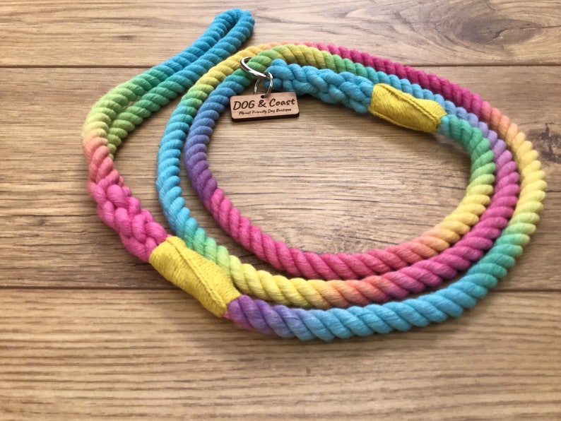 May include: Rainbow colored cotton rope dog leash with a yellow stitched handle and a wooden tag that says "DOG & Coast - Plant Friendly Dog Boutique".