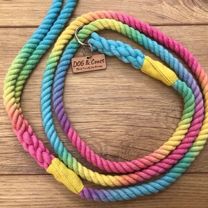 May include: A rainbow colored cotton rope dog leash with a yellow stitched end and a wooden tag that reads "DOG & Coast - Planet Friendly Dog Boutique".