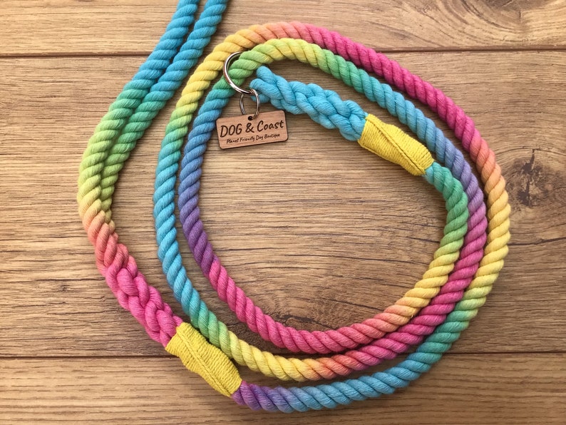 May include: A rainbow colored cotton rope dog leash with a yellow stitched end and a wooden tag that reads "DOG & Coast - Planet Friendly Dog Boutique".