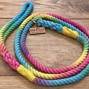 May include: Rainbow ombre cotton rope dog leash with yellow stitching and a wooden tag that reads "DOG & COAST Pet Friendly Dog Boutique".