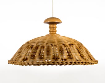 Large vintage pendant light made of wicker wood mushroom lamp from the 1960s