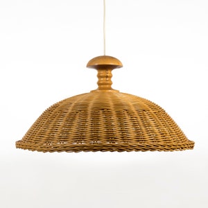 Large vintage pendant light made of wicker wood mushroom lamp from the 1960s
