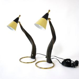 Lovely Mid Century Pair of Horn Table Lamps with Brass Details from the 1950s