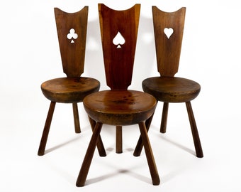 Set of 3 Italian Vintage Brutalist Mid Century Playing Cards Clubs Spades Hearts Tripod Solid Wood Chair with Lovely Patina