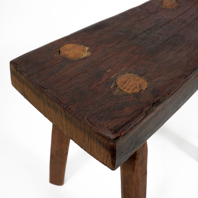 Brutalist Vintage Mid Century Four Legged Solid Wood Stool with Beautiful Patina image 9