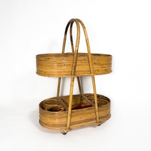 Vintage Boho Mid Century Bonacina Ołówek Reed Bambusowy rattanowy wózek barowy Wózek do serwowania Włoch, lata 60