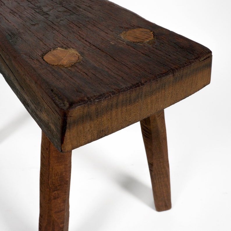 Brutalist Vintage Mid Century Four Legged Solid Wood Stool with Beautiful Patina image 8