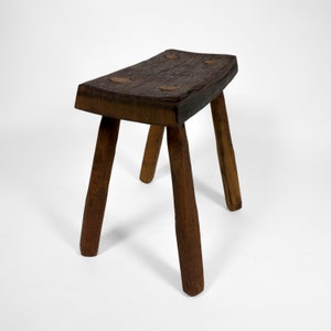 Brutalist Vintage Mid Century Four Legged Solid Wood Stool with Beautiful Patina image 2