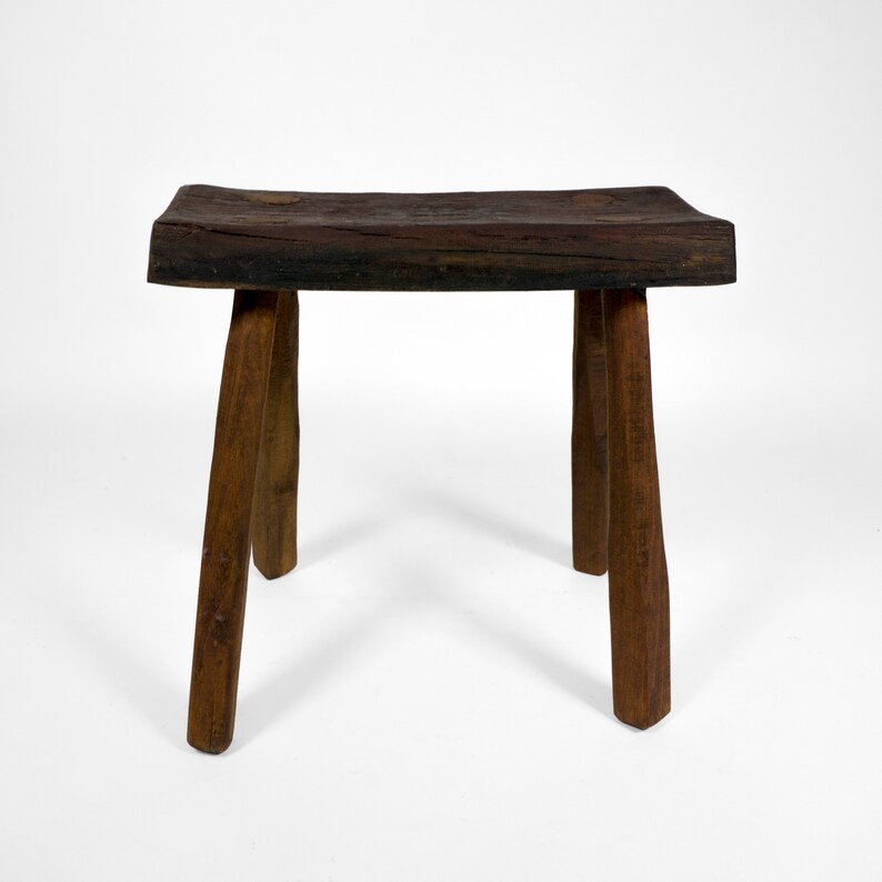 Brutalist Vintage Mid Century Four Legged Solid Wood Stool with Beautiful Patina image 3