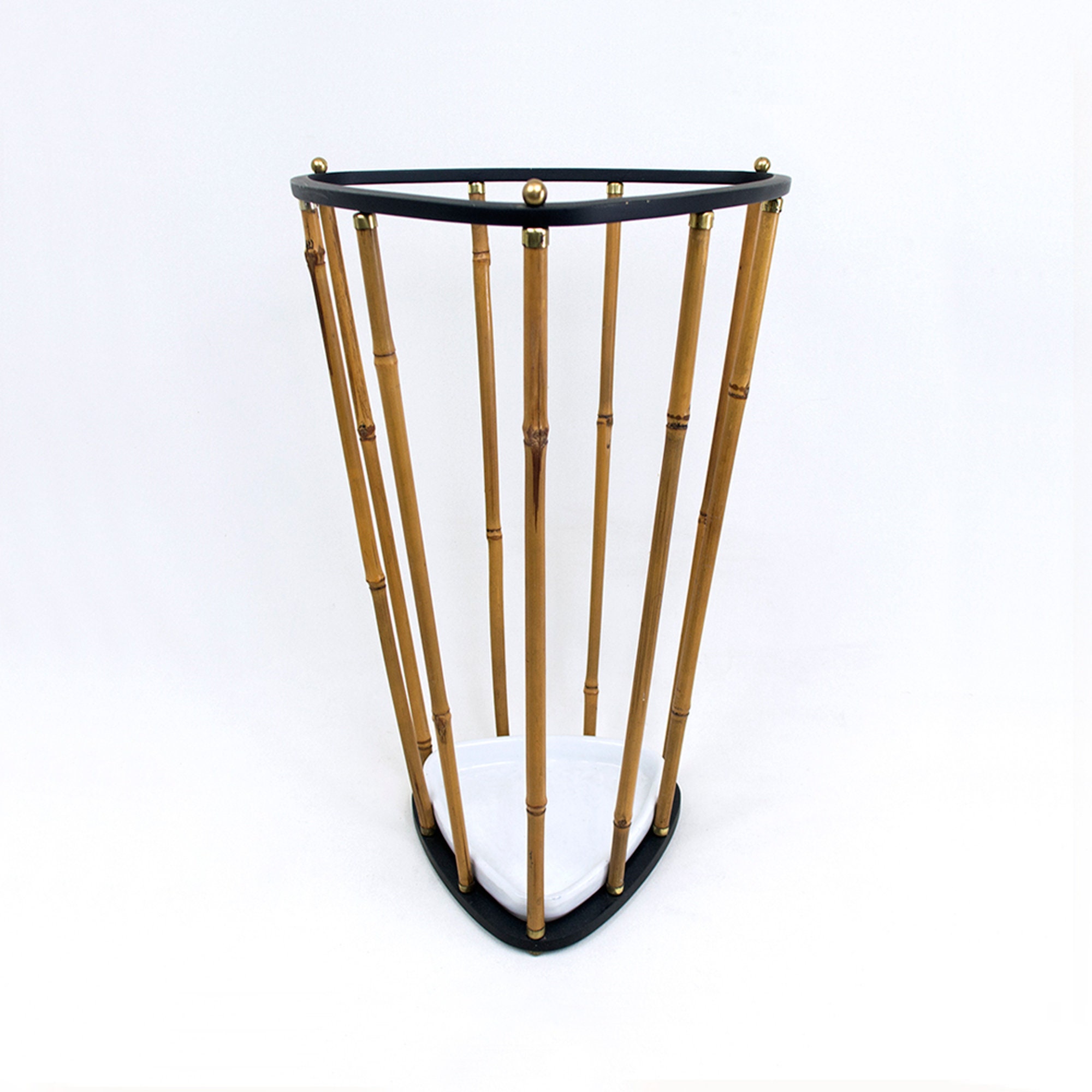 Lovely Vintage / Mid Century Bamboo Brass Enamel Umbrella Stand from the 1960s