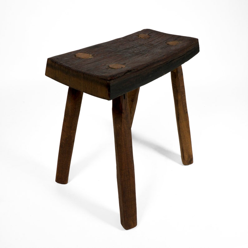 Brutalist Vintage Mid Century Four Legged Solid Wood Stool with Beautiful Patina image 5