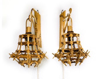 Adorable Pair of Vintage Mid Century Modern &#39;Lantern&#39; Wall Lights | Sconces in Bamboo & Rattan, Italy 1960&#39;s