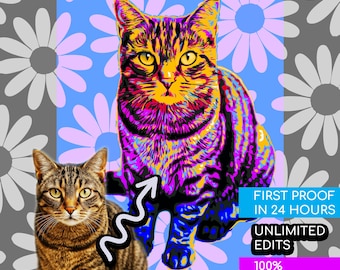 Psychedelisch huisdierportret – aangepaste kat/hondkunst, gedurfde pop-artstijl, kleurrijk huisdiercadeau, gepersonaliseerd dierenmuurdecoratie, herdenkingscadeau, Warhol