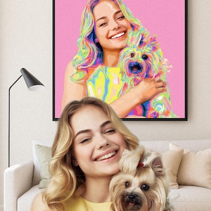 The Rainbow Portrait: Loyal Companions – Colorful Pop Art Dog & Owner Wall Art, Custom Pet Portrait Print, Modern Bold Canvas Décor, Warhol