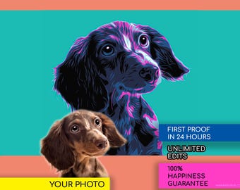 Pop-art huisdierportret van foto – Warhol-geïnspireerde aangepaste hond- of katprint – gedurfde minimale kleuren, verjaardag, hond, kat, gedenkteken, uniek