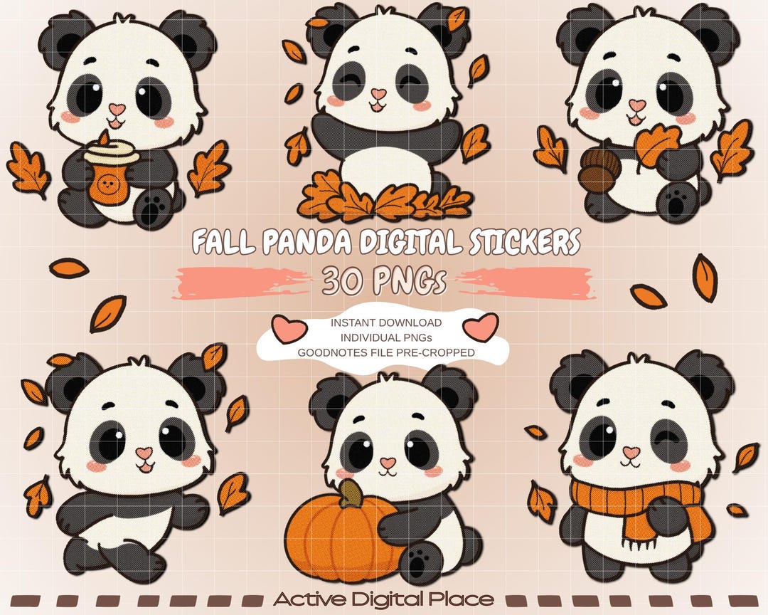 Panda Fall Digital Stickers | Panda Autumn Set | Digital Panda Fall ...
