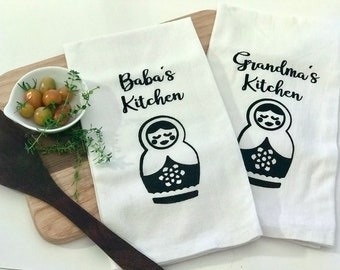 Baba, Grandma, or Custom Matryoshka Hand-Screen Printed Flour Sack Tea Towel