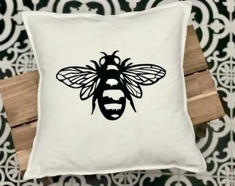 Abeja serigrafiada a mano en una funda de cojín de algodón 100%, 18 "x 18"