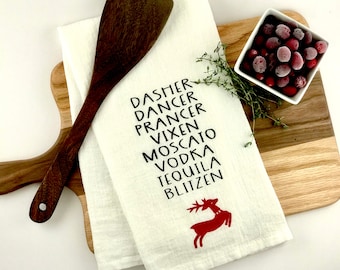 Saucy Reindeer Christmas Hand-Screen Printed Flour Sack Tea Towel
