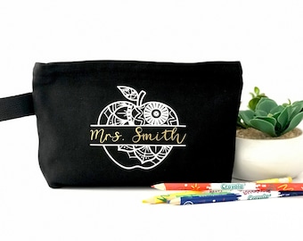 Personalized Teacher Pouch, 100% Cotton Canvas, 2-Colour Imprint, Name & Mandala Apple Design