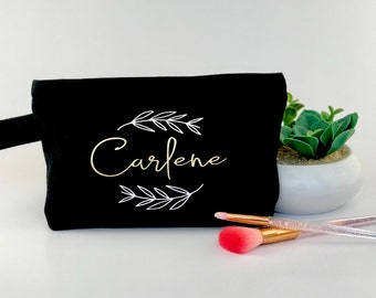 Personalized Makeup Bag, 100% Cotton Canvas, 2-Colour Imprint, Name & Leaf Design