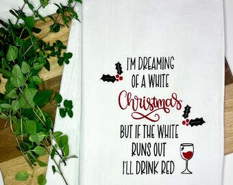 White or Red Wine Christmas Hand-Screen Printed Flour Sack Tea Towel