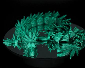 Green Leaf Flexi Dragon – 3D Printed Articulated Cannabis Dragon, Flexible Fidget Desk Pet, ULTRA LONG, 420 Gift, Weed-Themed Decor