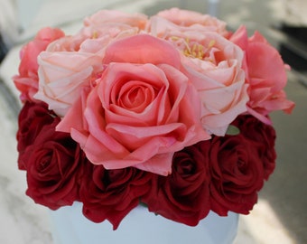Aromatic Elegance: Lifelike Latex Rose & Floral Mix in White Vase - Includes Custom Scent Spray