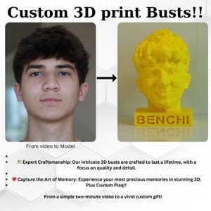 Può includere: Un busto in 3D stampato in giallo della testa di una persona. Il busto è su una base con la parola "BENCHI" stampata su di essa. L'immagine mostra un processo di creazione di un busto personalizzato stampato in 3D da un video.