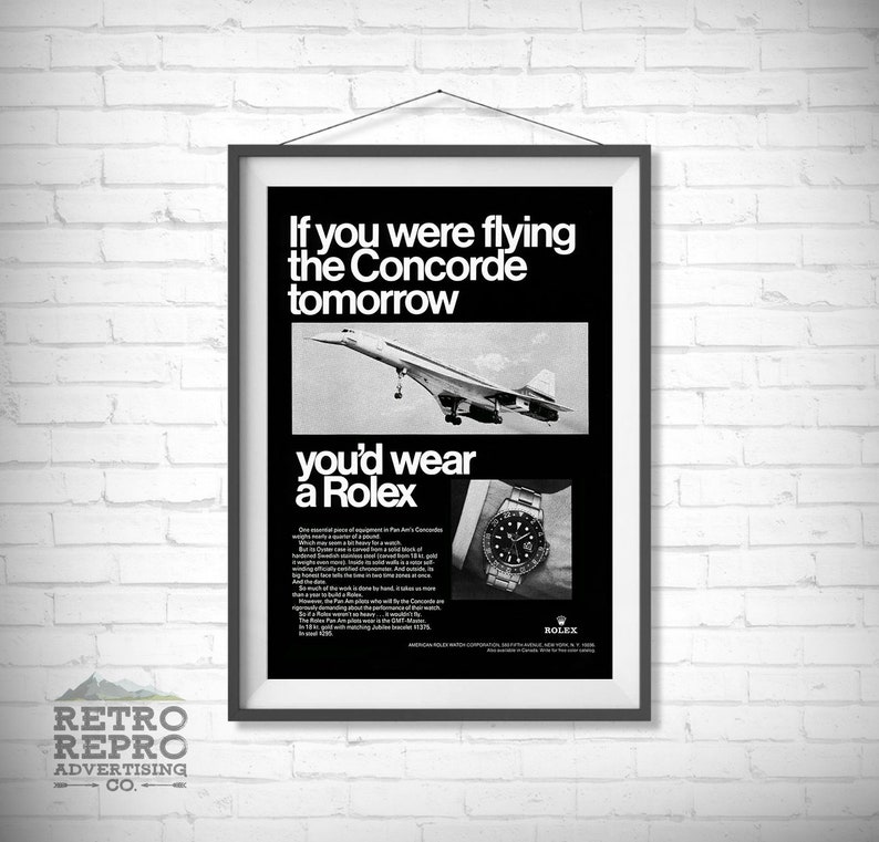 Vintage Rolex Concorde Pilot Watch BW Magazine Advertisment Classic Old Ad Advert Gift Poster Print image 1