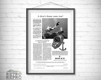 Vintage Rolex Submariner Diving Sports Watch Magazine Advertisment Classic Old Ad Advert Gift Poster Print