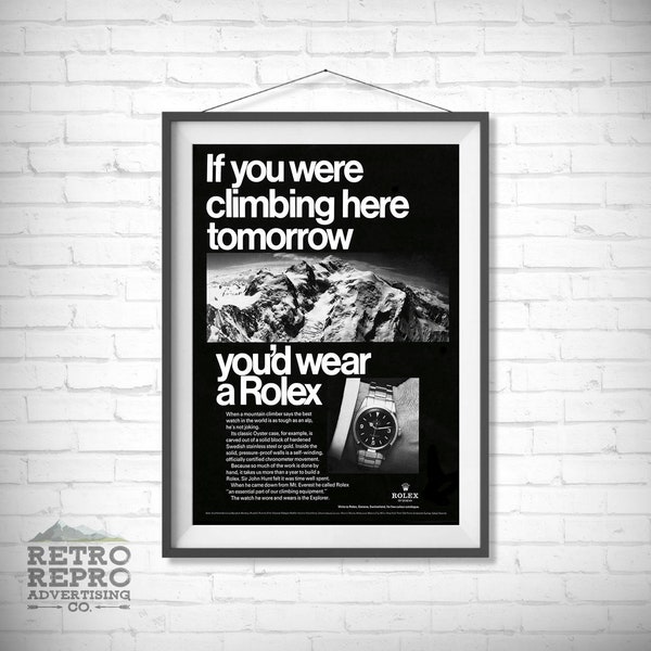 Vintage Rolex Climbing Mountaineer Watch BW Magazine Publicidad Classic Old Ad Advert Gift Poster Print