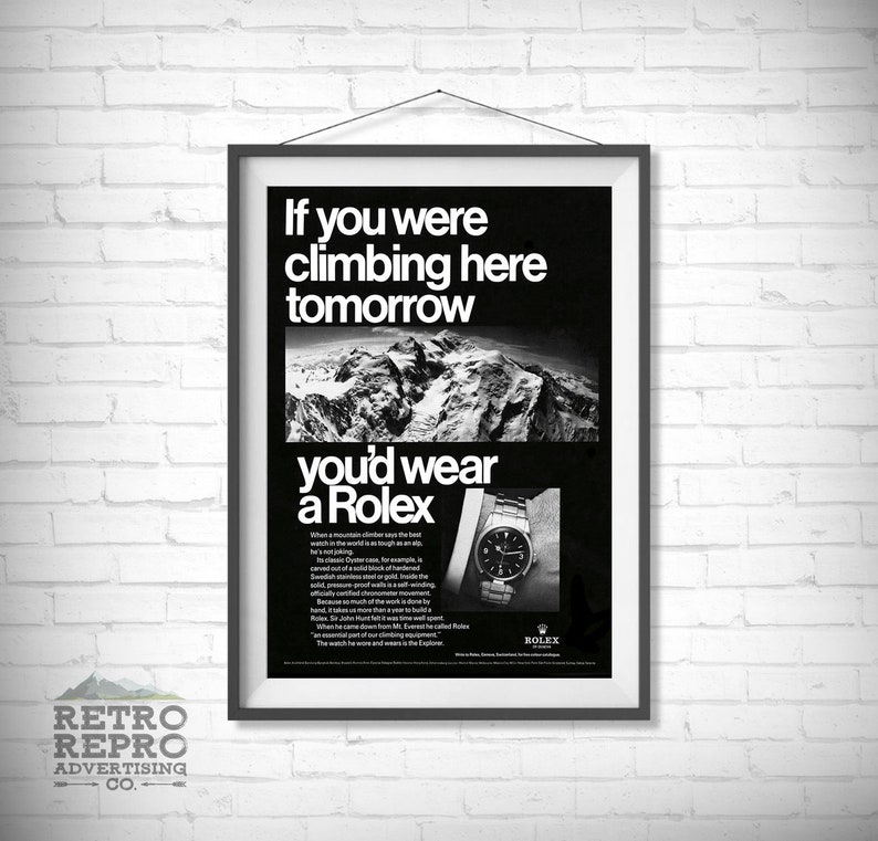 Vintage Rolex Climbing Mountaineer Watch BW Magazine Advertisment Classic Old Ad Advert Gift Poster Print image 1