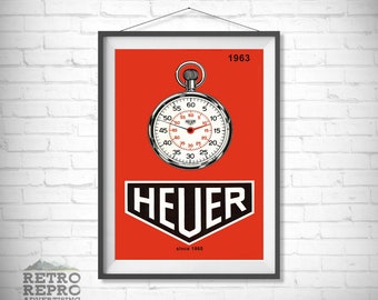 Vintage Racing 1963 Tag Heuer Watch Zeitmessung Magazin Werbung Classic Old Car Werbung Werbung Geschenk Poster Druck