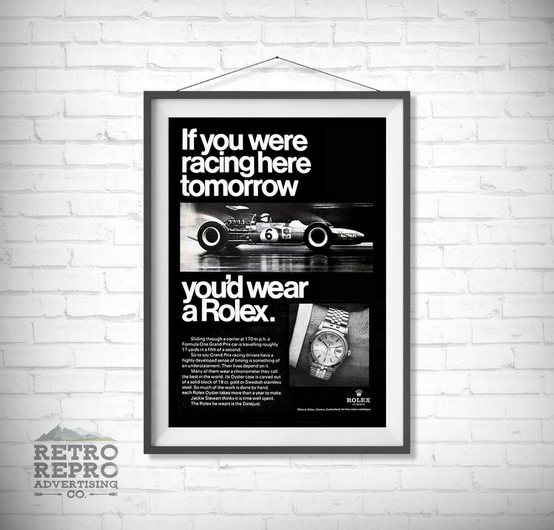 Vintage Rolex Racing Watch Magazine Advertisment Classic Old Ad Advert Gift Poster Print image 1