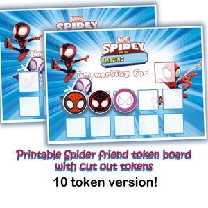 May include: Printable Spider-Man themed reward chart with 10 blank spaces and three cut-out tokens featuring Spider-Man's face. The chart features the text "I'm working for" and "Marvel's Spidey and the Amazing".