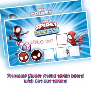 Puede incluir: Un tablero de fichas imprimible con Spider-Man de Marvel:  "Estoy trabajando para AMAZING Y/N". El tablero tiene un fondo azul con un personaje de Spider-Man de dibujos animados. Hay cinco espacios para fichas, y se incluyen dos fichas de Spider-Man.
