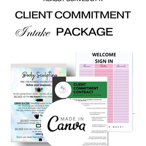 Puede incluir: Un paquete de bienvenida para clientes de color rosa y verde para servicios de escultura corporal. El paquete incluye una hoja de registro de bienvenida, un contrato de compromiso del cliente y una hoja de instrucciones previas al tratamiento. El texto en la hoja de registro dice "Bienvenido Registro de entrada". El texto en el contrato dice "Contrato de compromiso del cliente Límites y expectativas". El texto en la hoja de instrucciones dice "Escultura corporal Instrucciones previas al tratamiento Antes de su tratamiento... Evite comer comidas pesadas el día de su tratamiento. No coma durante dos horas antes de su tratamiento. ¡Beba agua! Beber agua es crucial para eliminar la grasa descompuesta que se excreta a través de su sistema linfático. El día antes de su tratamiento, beba 2 litros de agua. No consuma bebidas carbonatadas el día antes de su tratamiento. No use ninguna loción o aceite para ser tratado. Afeite cualquier vello corporal en el área de tratamiento."