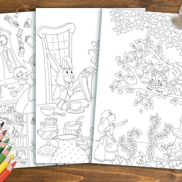 Coloriages Alice au pays des merveilles 3 coloriages pour enfant à télécharger et imprimer soi-même création fait main Dinett illustration