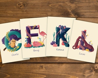 Cartes postales et affiches de naissance alphabet et abécédaire des animaux personnalisées au prénom de votre enfant fait main