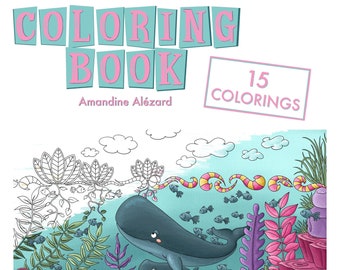 Coloring book 15 black and white coloring pages for adults forest and ocean theme to print yourself handmade creation Dinett illustration