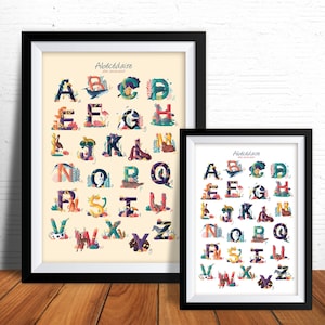 Poster con alfabeto animale personalizzato con il nome del tuo bambino su carta opaca di alta qualità da 210 g Imaging cameretta per bambini, bambino fatto a mano
