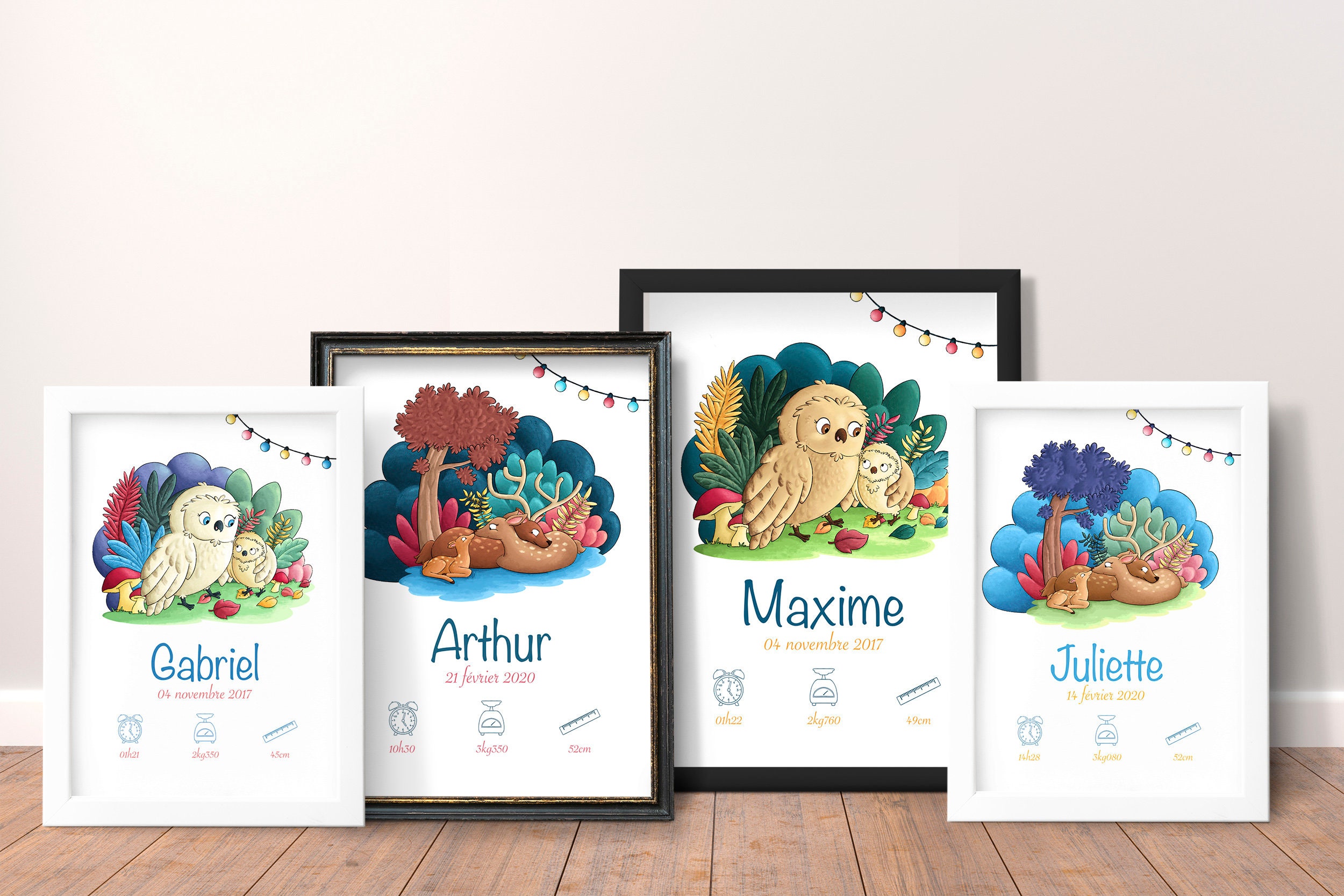 Affiche Naissance Personnalisée Chouette et Son Bébé, Affiche Cadeau Naissance